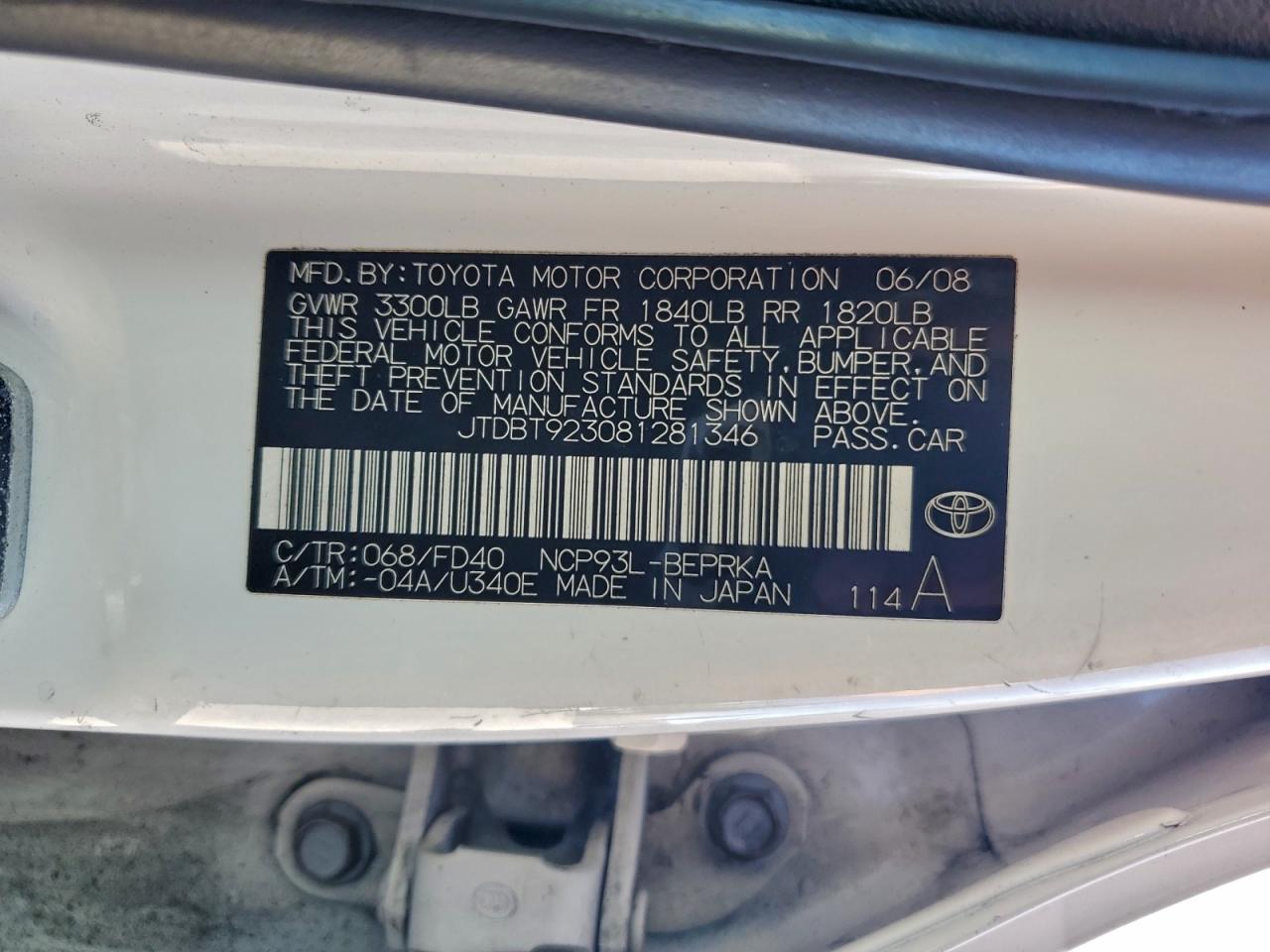 2008 Toyota Yaris VIN: JTDBT923081281346 Lot: 94420355