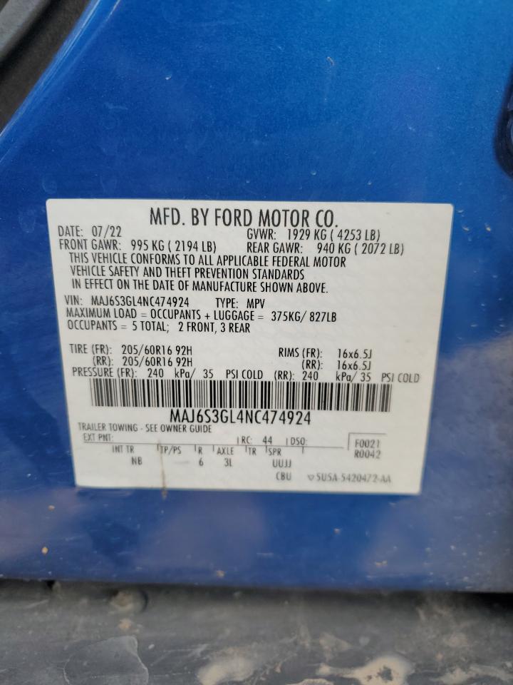 2022 Ford Ecosport Se VIN: MAJ6S3GL4NC474924 Lot: 92498095