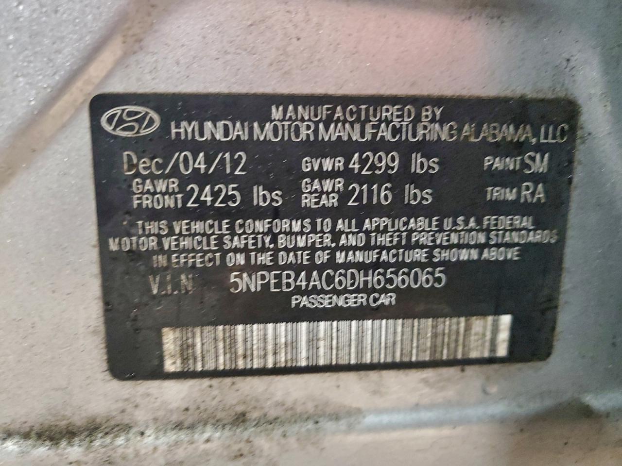 2013 Hyundai Sonata Gls VIN: 5NPEB4AC6DH656065 Lot: 94489655