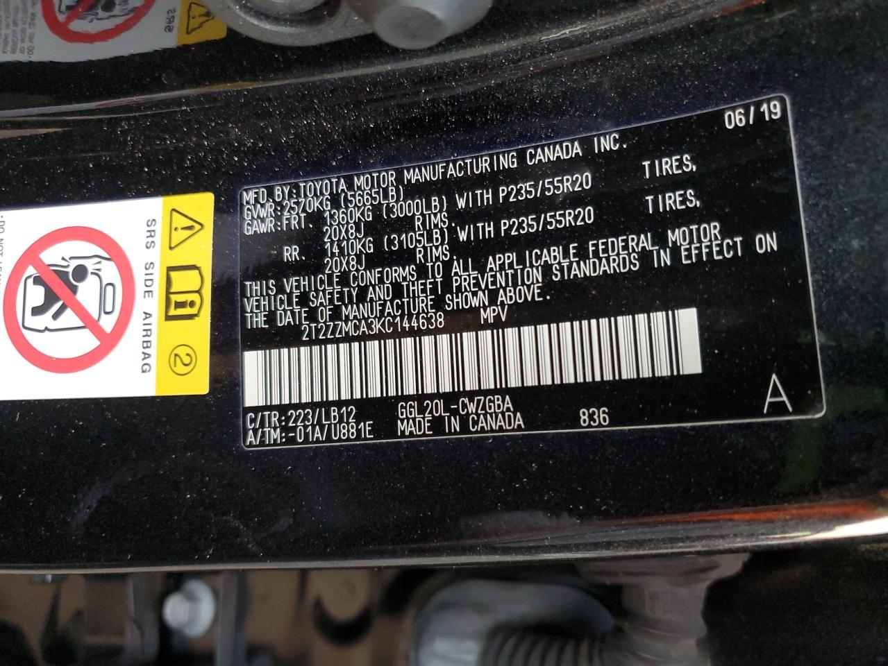 2019 Lexus Rx 350 Base VIN: 2T2ZZMCA3KC144638 Lot: 93453085