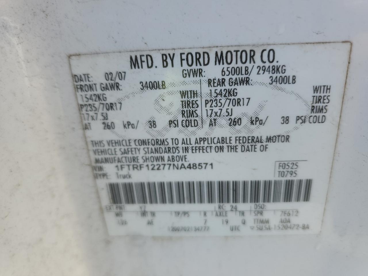 2007 Ford F150 VIN: 1FTRF12277NA48571 Lot: 93028515