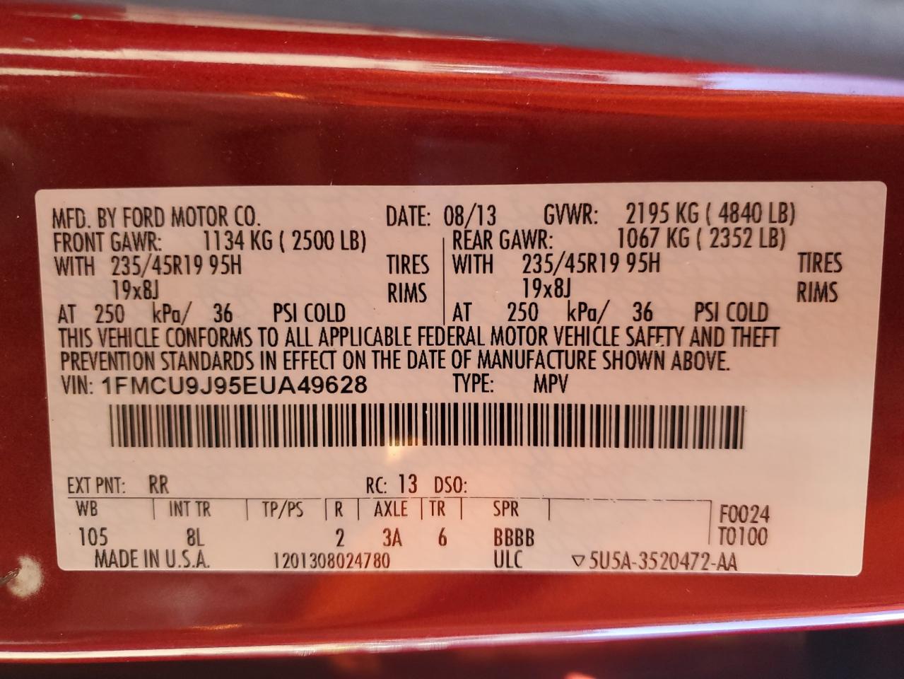 2014 Ford Escape Titanium VIN: 1FMCU9J95EUA49628 Lot: 93484165