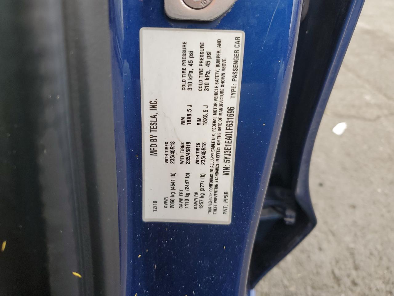 2020 Tesla Model 3 VIN: 5YJ3E1EA0LF631696 Lot: 92506555