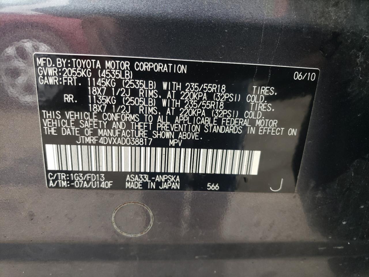 2010 Toyota Rav4 Sport VIN: JTMRF4DVXAD038817 Lot: 90820025