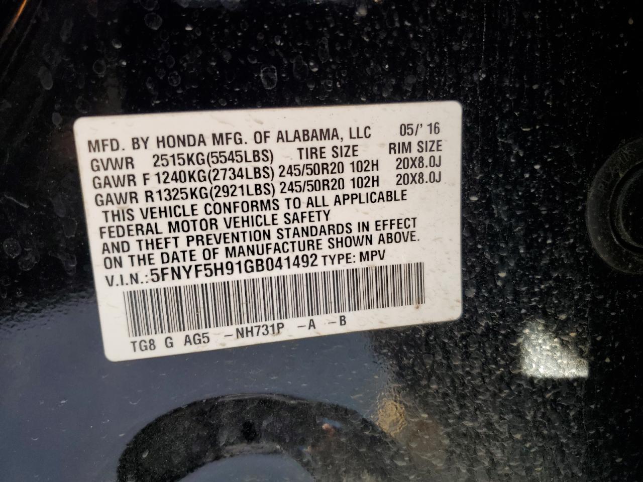 2016 Honda Pilot Touring VIN: 5FNYF5H91GB041492 Lot: 91145365