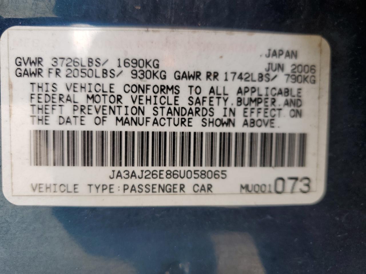 2006 Mitsubishi Lancer Es VIN: JA3AJ26E86U058065 Lot: 92625775