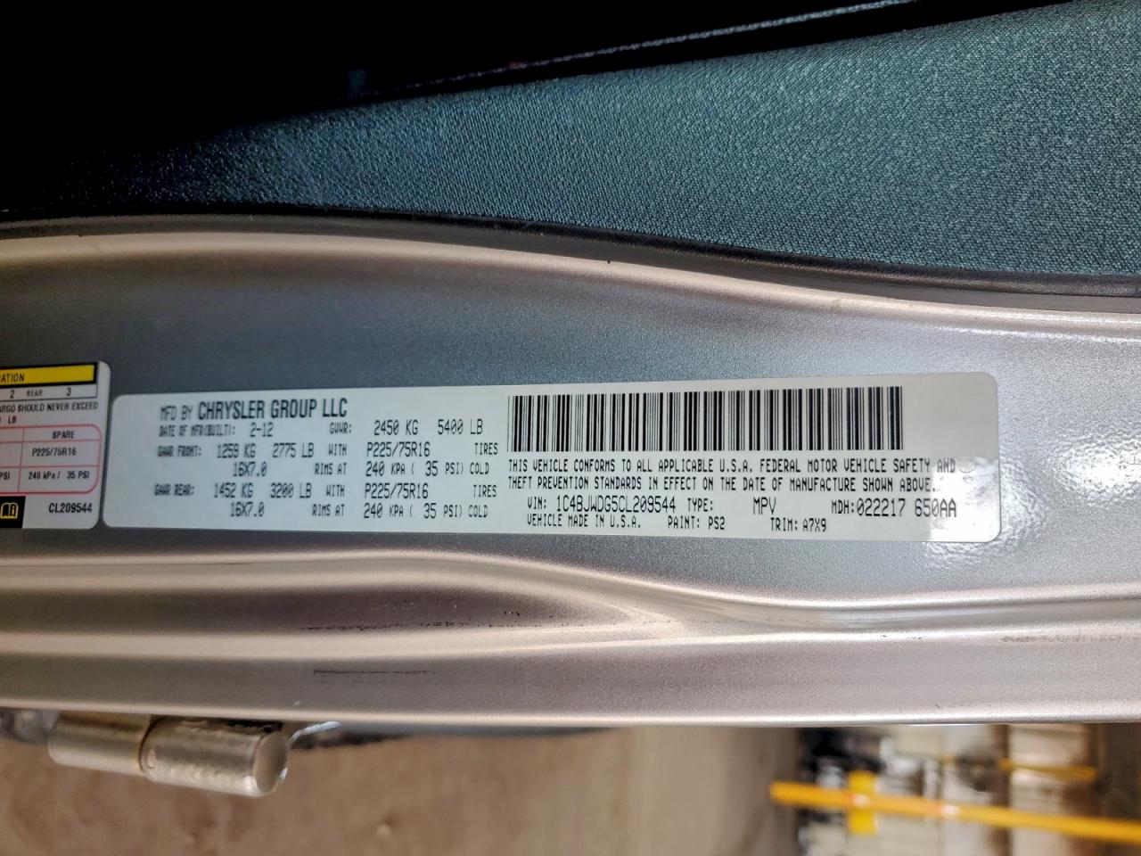 2012 Jeep Wrangler Unlimited Sport VIN: 1C4BJWDG5CL209544 Lot: 94567785