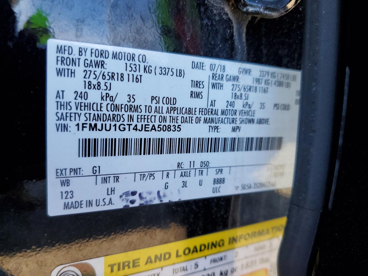 2018 Ford Expedition Xl VIN: 1FMJU1GT4JEA50835 Lot: 93110235