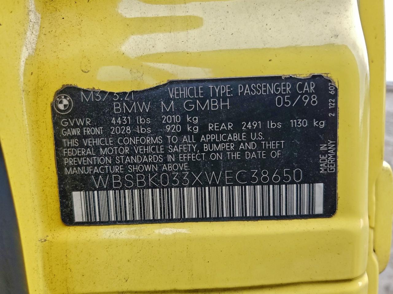 1998 BMW M3 Automatic VIN: WBSBK033XWEC38650 Lot: 94569525