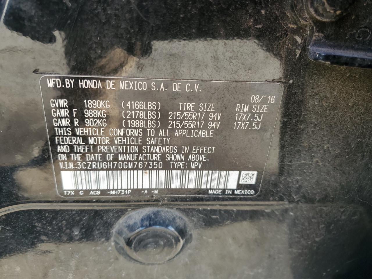 2016 Honda Hr-V Exl VIN: 3CZRU6H70GM767350 Lot: 92570945