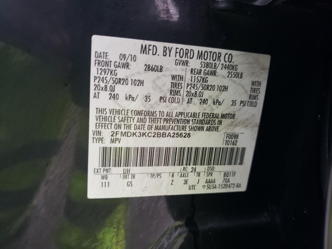 2011 Ford Edge Limited VIN: 2FMDK3KC2BBA25628 Lot: 92006645