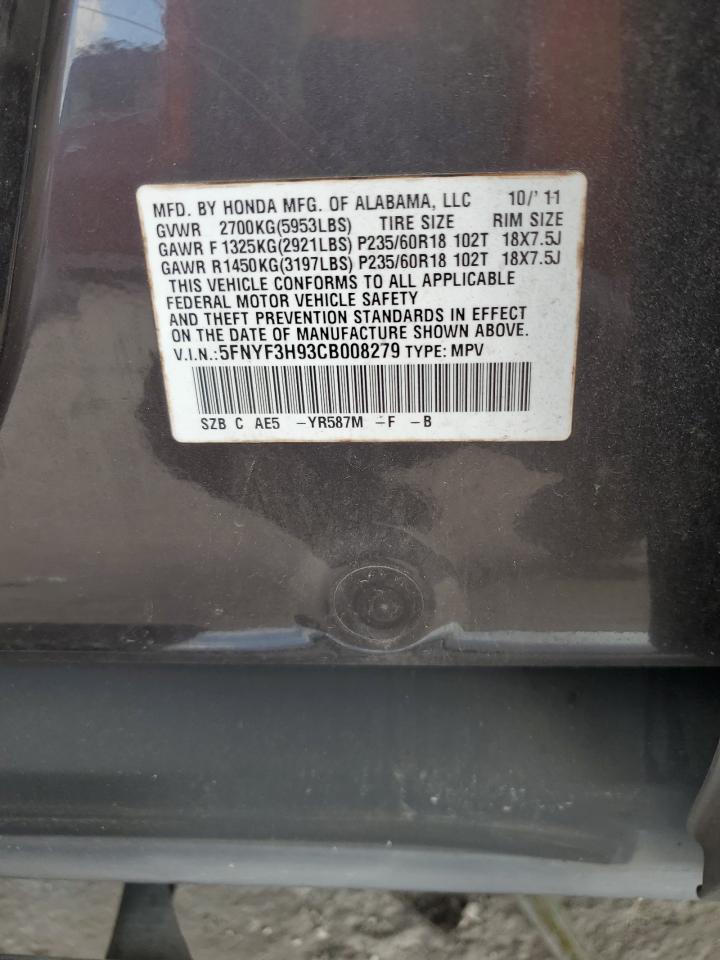 2012 Honda Pilot Touring VIN: 5FNYF3H93CB008279 Lot: 92899215