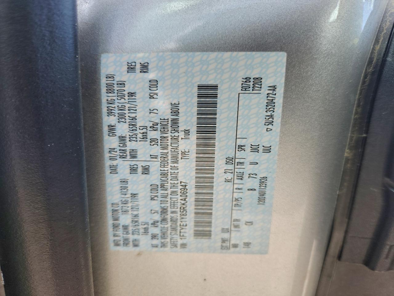 2024 Ford Transit T-150 VIN: 1FTYE1Y85RKA06947 Lot: 93263775