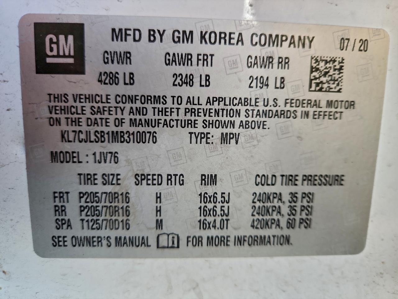 2021 Chevrolet Trax 1Lt VIN: KL7CJLSB1MB310076 Lot: 93301815