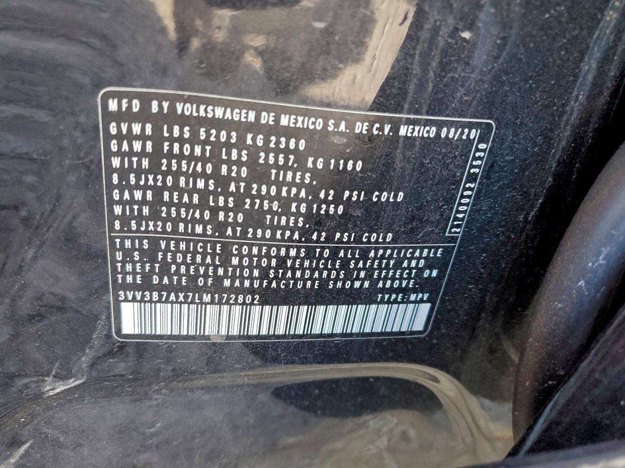 2020 Volkswagen Tiguan Se VIN: 3VV3B7AX7LM172802 Lot: 94371985