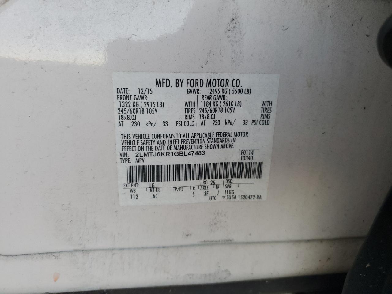 2016 Lincoln Mkx Select VIN: 2LMTJ6KR1GBL47483 Lot: 91205145