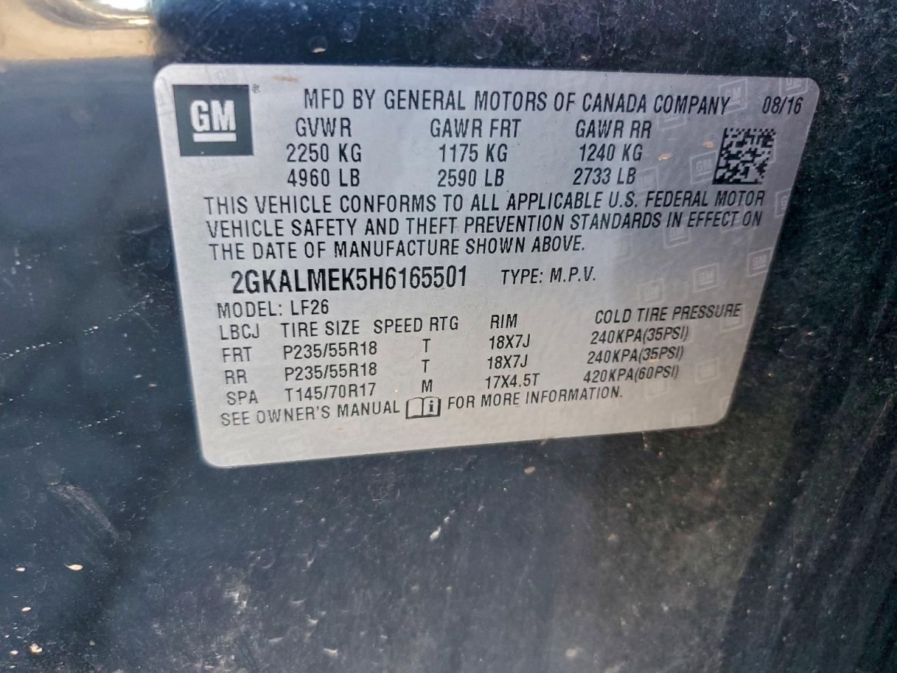 2017 GMC Terrain Sle VIN: 2GKALMEK5H6165501 Lot: 94121735