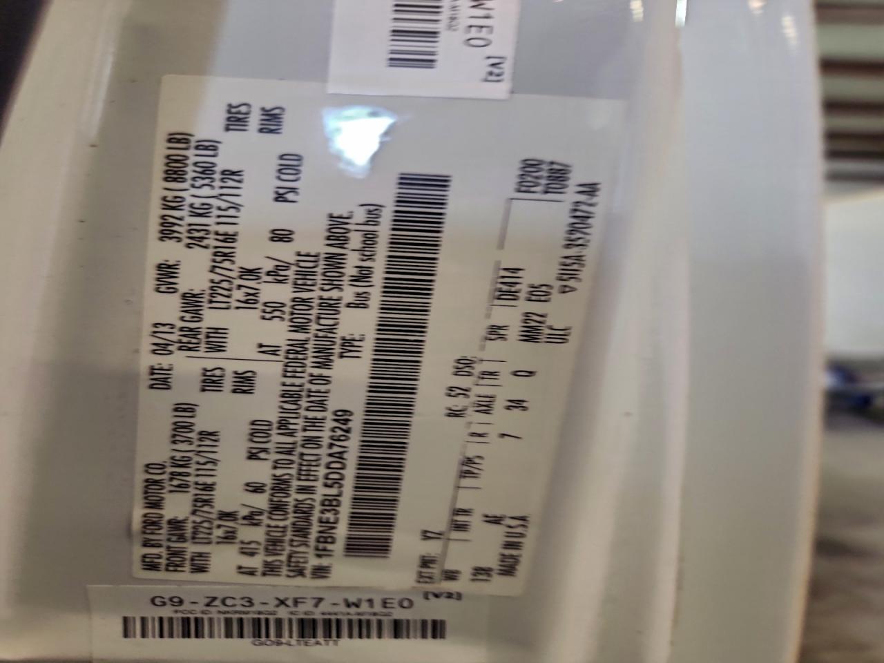 2013 Ford Econoline E350 Super Duty Wagon VIN: 1FBNE3BL5DDA76249 Lot: 92716245