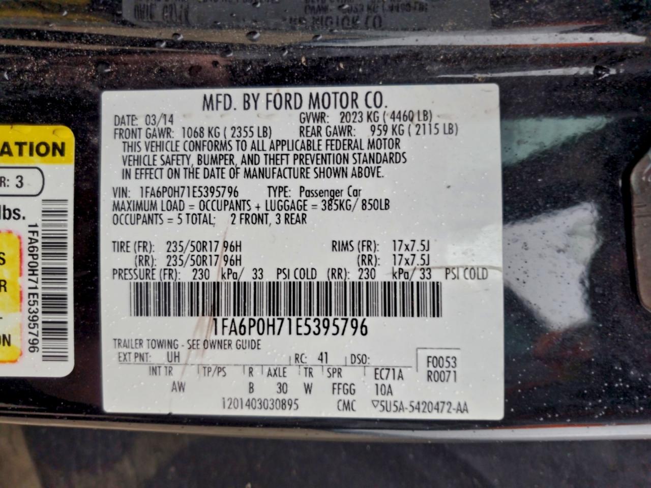 2014 Ford Fusion Se VIN: 1FA6P0H71E5395796 Lot: 94463355