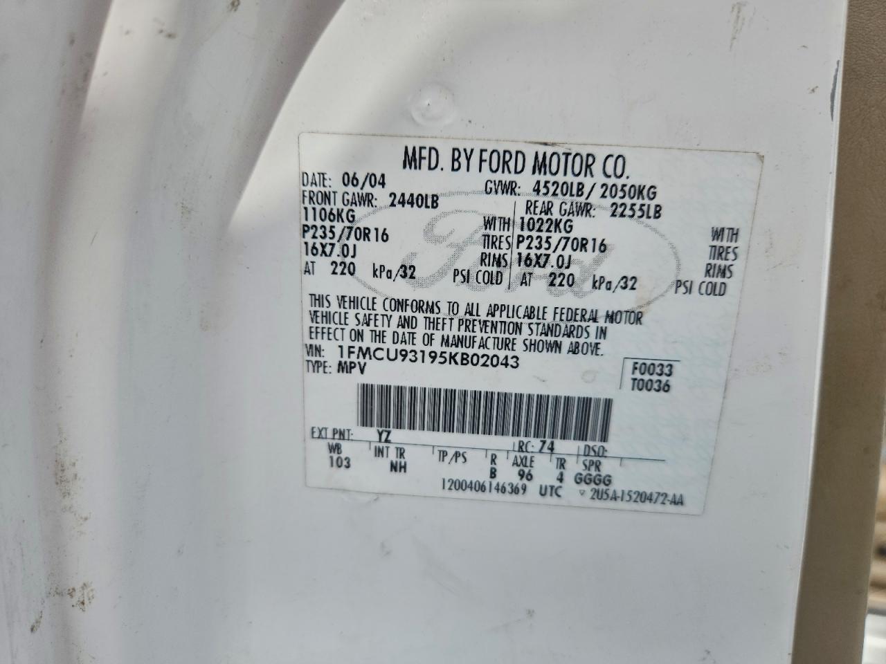 2005 Ford Escape Xlt VIN: 1FMCU93195KB02043 Lot: 94175105