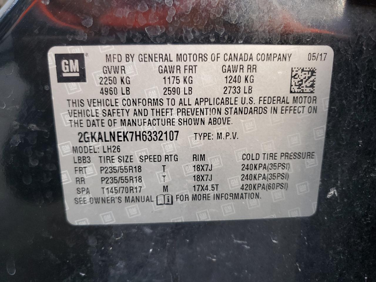 2017 GMC Terrain Sle VIN: 2GKALNEK7H6332107 Lot: 91429625