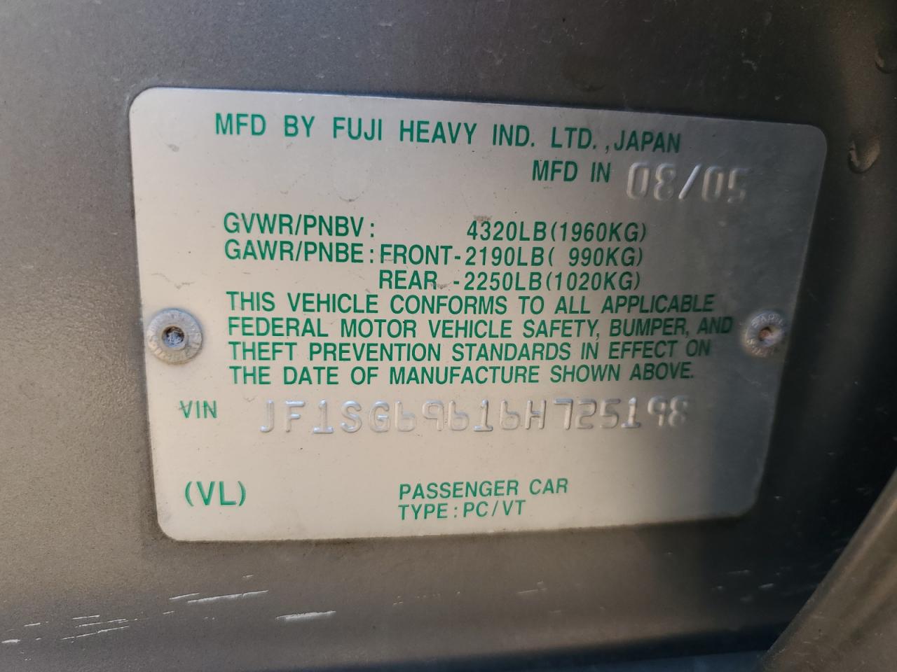 2006 Subaru Forester 2.5Xt VIN: JF1SG69616H725198 Lot: 85406375