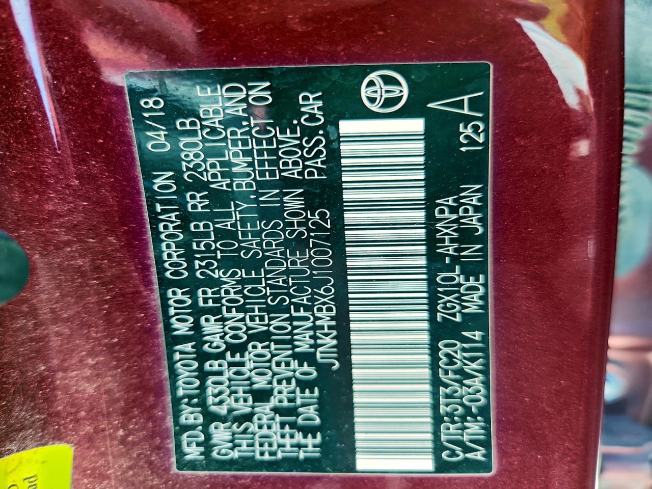 2018 Toyota C-Hr Xle VIN: JTNKHMBX6J1007125 Lot: 93392955