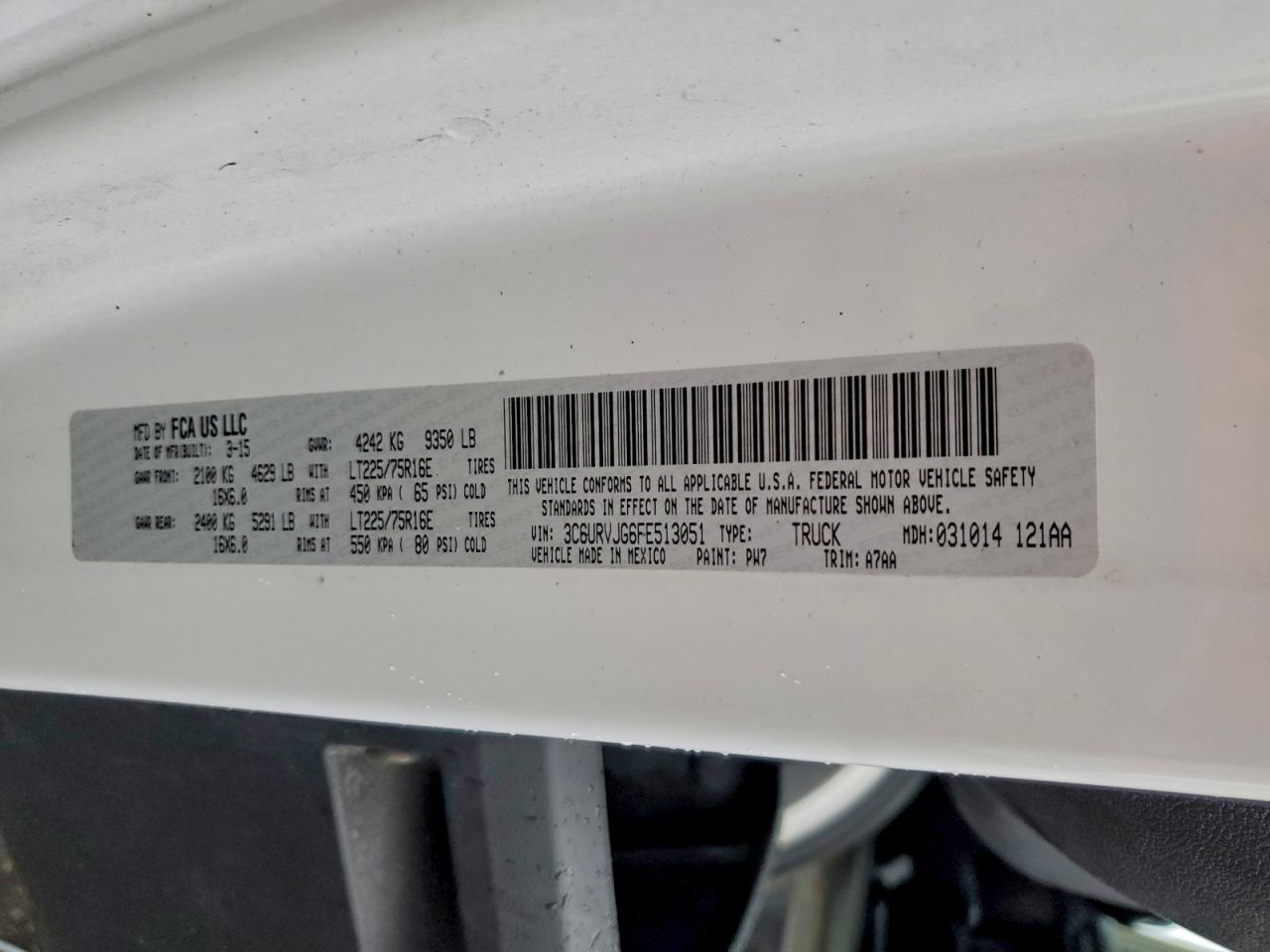 2015 Ram Promaster 3500 3500 High VIN: 3C6URVJG6FE513051 Lot: 93708755