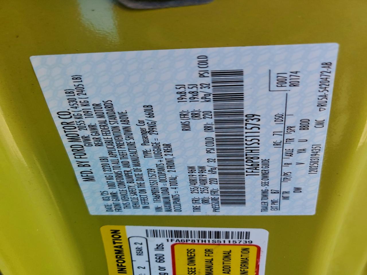 2025 Ford Mustang VIN: 1FA6P8TH1S5115739 Lot: 94475875