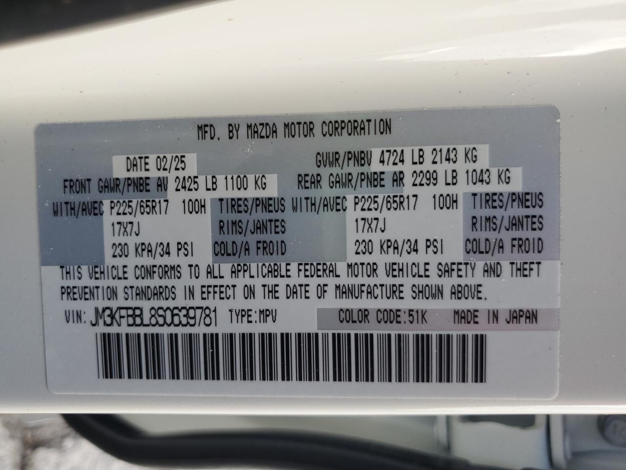 2025 Mazda Cx-5 Select VIN: JM3KFBBL8S0639781 Lot: 93466085