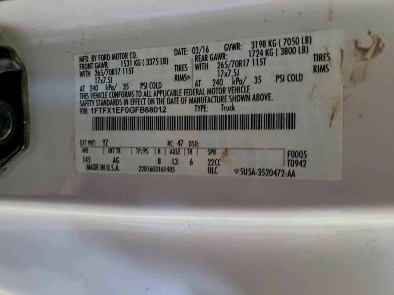 2016 Ford F150 Super Cab VIN: 1FTFX1EF0GFB68012 Lot: 93401745