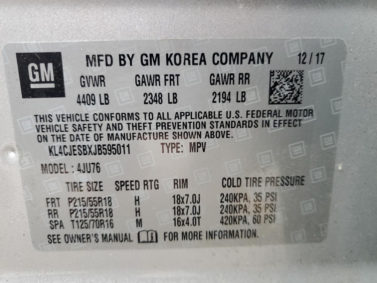 2018 Buick Encore Preferred VIN: KL4CJESBXJB595011 Lot: 92987605