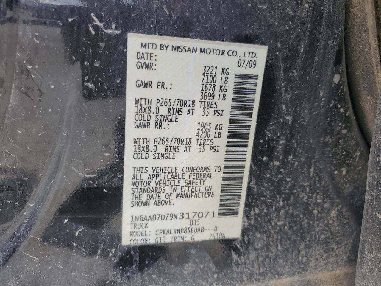 2009 Nissan Titan Xe VIN: 1N6AA07D79N317071 Lot: 91136325