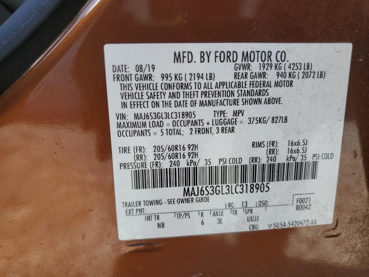 2020 Ford Ecosport Se VIN: MAJ6S3GL3LC318905 Lot: 91731395