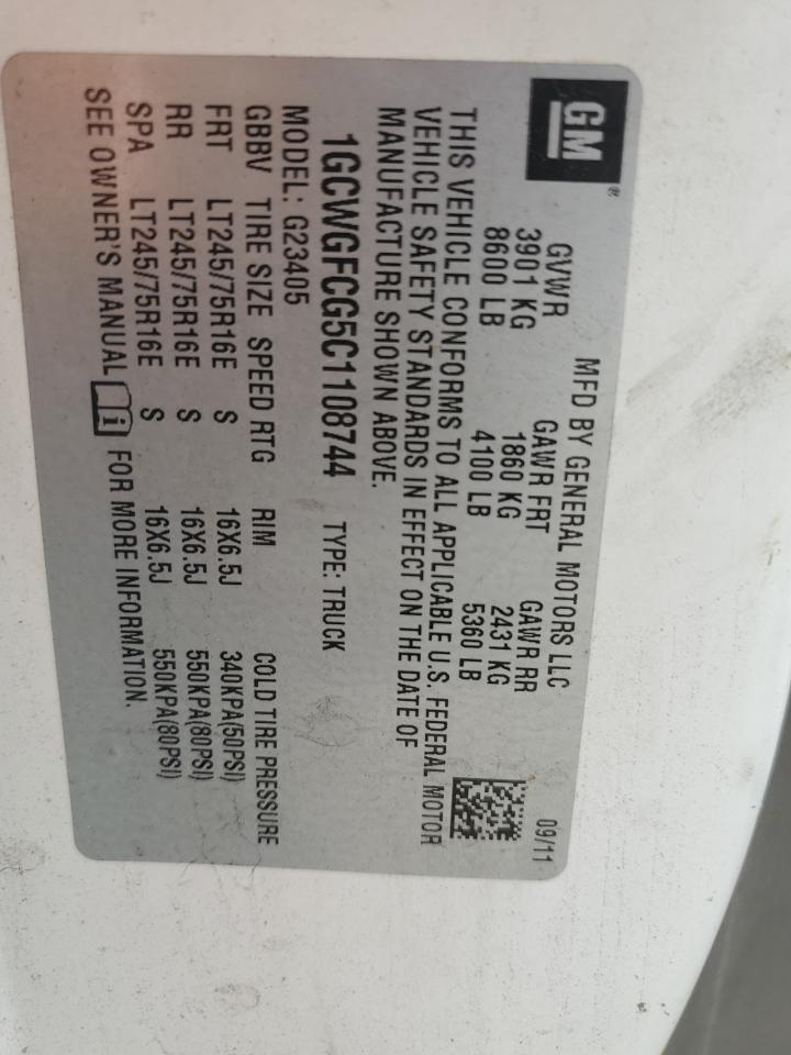 2012 Chevrolet Express G2500 Delivery Van VIN: 1GCWGFCG5C1108744 Lot: 93202705