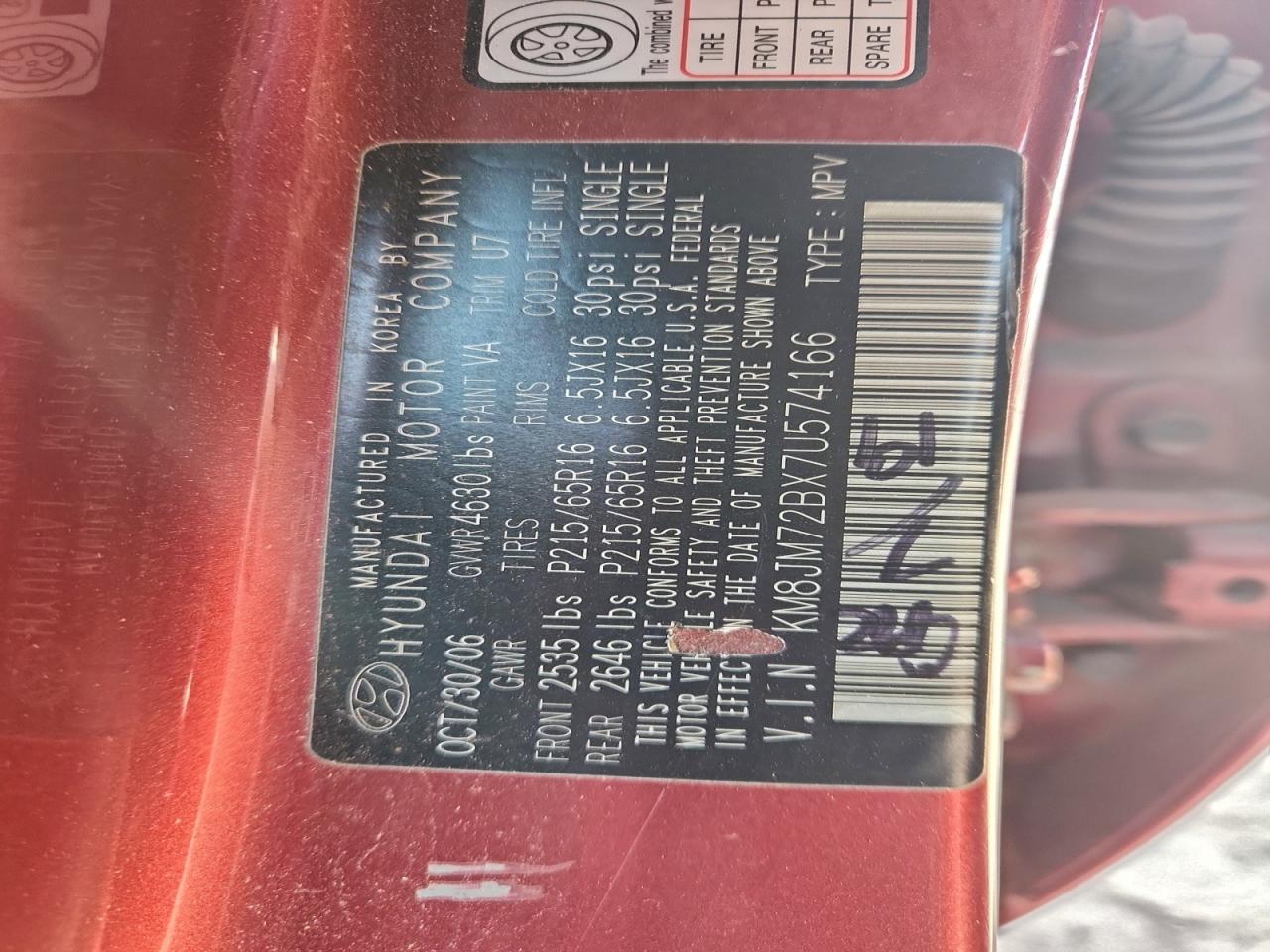 2007 Hyundai Tucson Gls VIN: KM8JM72BX7U574166 Lot: 94777155