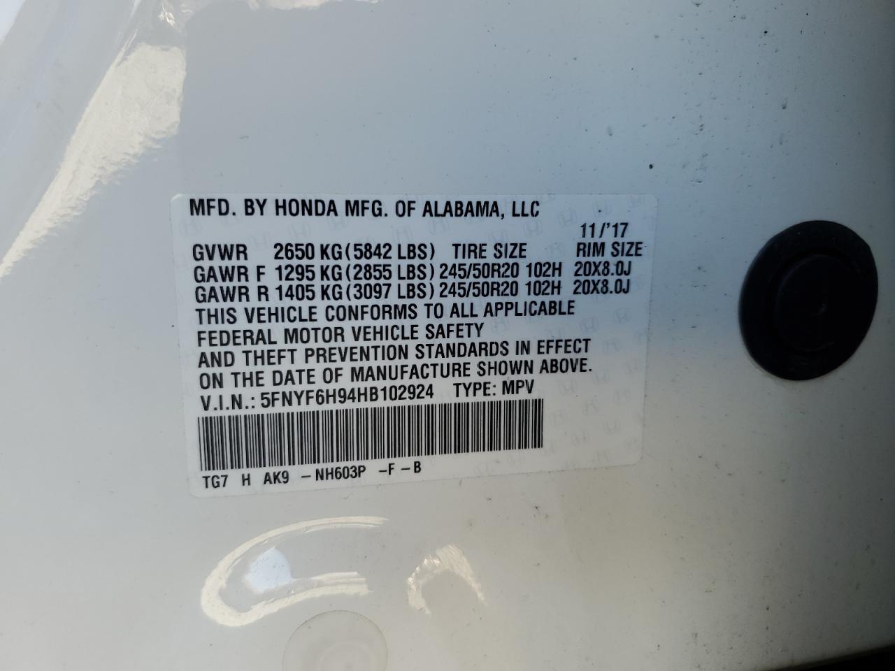 2017 Honda Pilot Touring VIN: 5FNYF6H94HB102924 Lot: 91981245