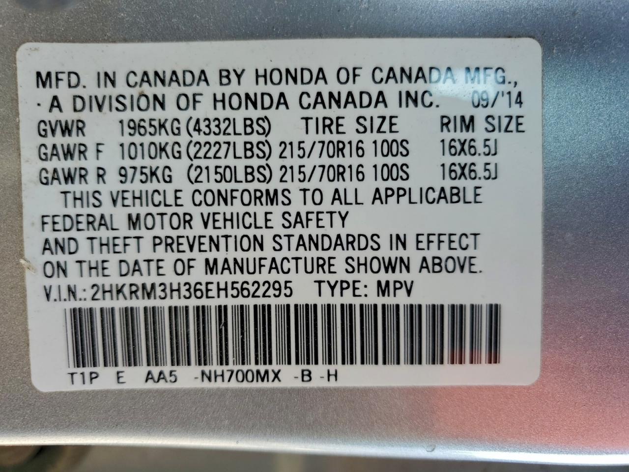 2014 Honda Cr-V Lx VIN: 2HKRM3H36EH562295 Lot: 93221795