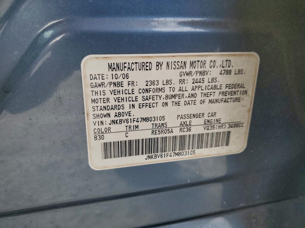 2007 Infiniti G35 VIN: JNKBV61F47M803105 Lot: 93451925