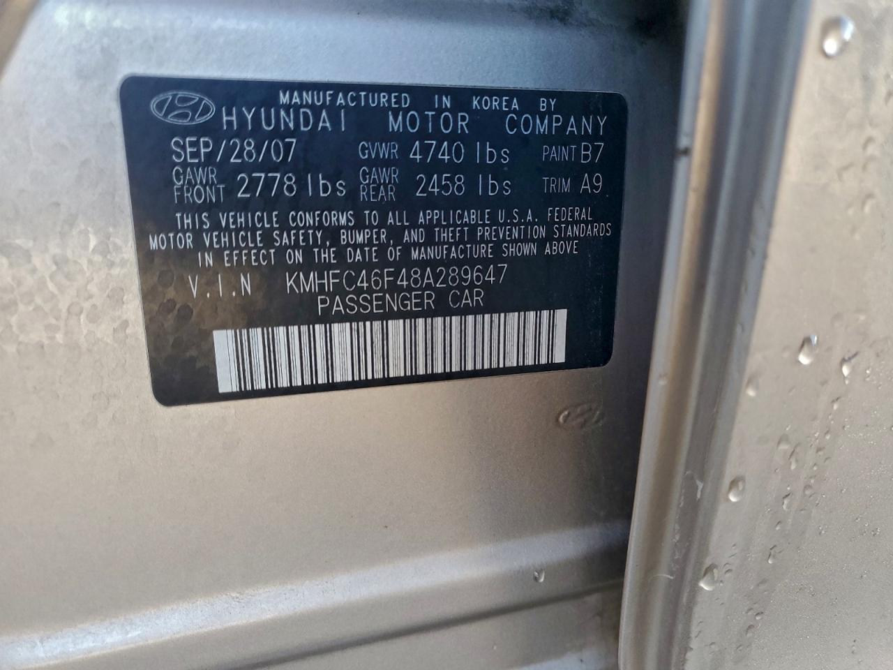 2008 Hyundai Azera Se VIN: KMHFC46F48A289647 Lot: 92097155