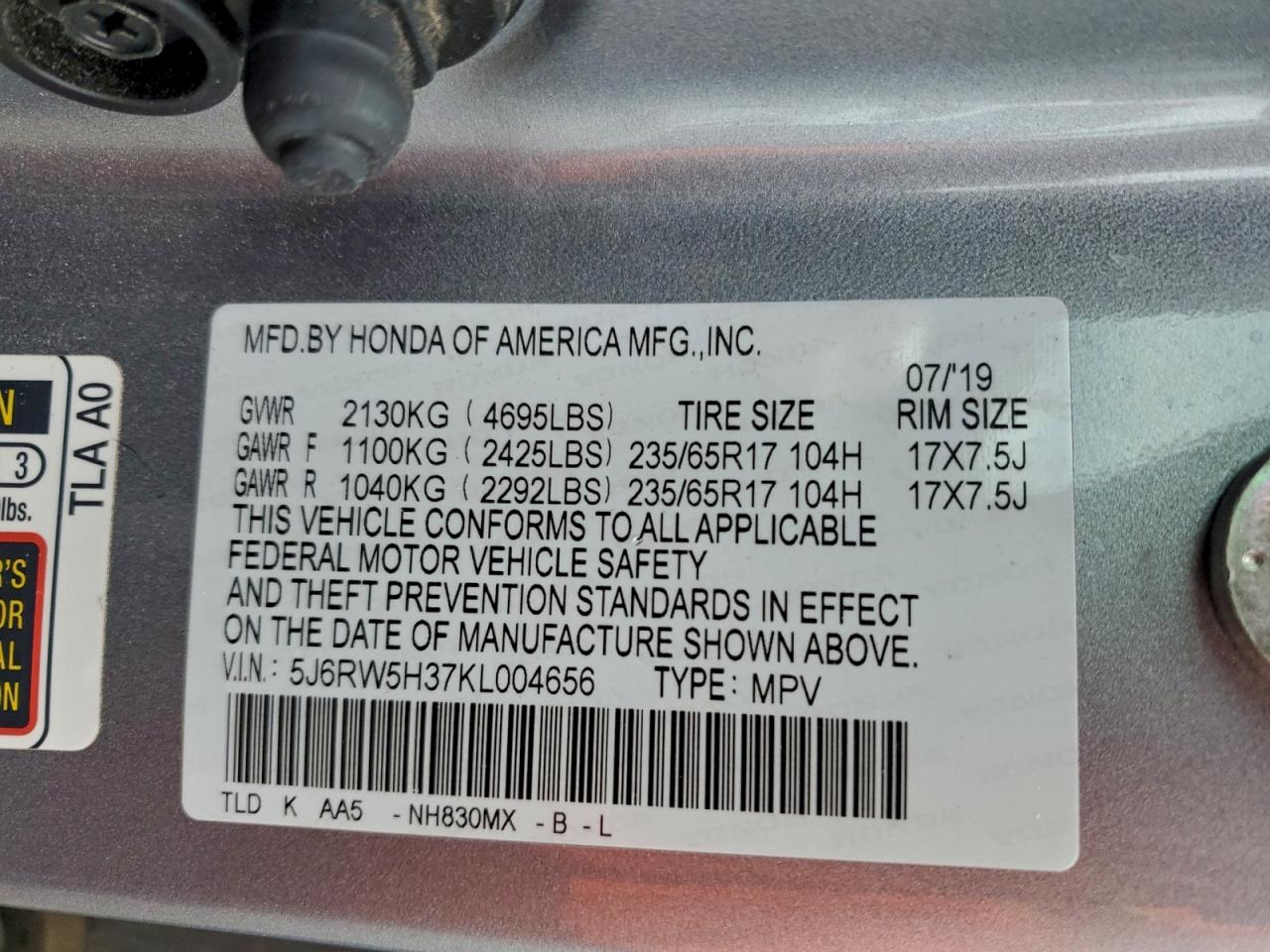2019 Honda Cr-V Lx VIN: 5J6RW5H37KL004656 Lot: 94325005
