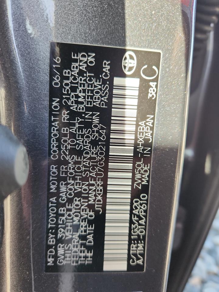 2016 Toyota Prius VIN: JTDKBRFU7G3021647 Lot: 91563695