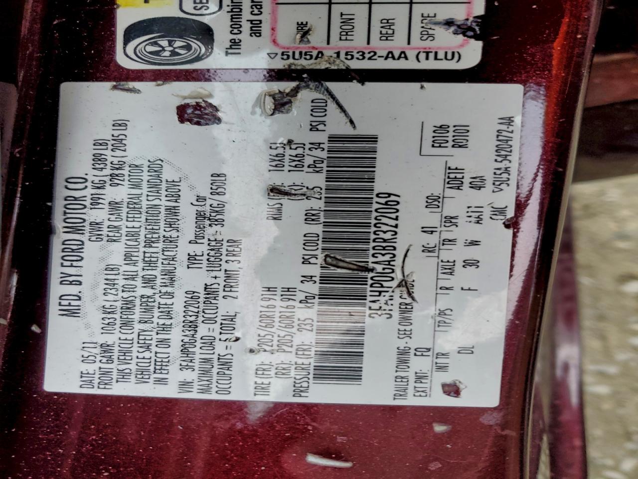 2011 Ford Fusion S VIN: 3FAHP0GA3BR322069 Lot: 94289755