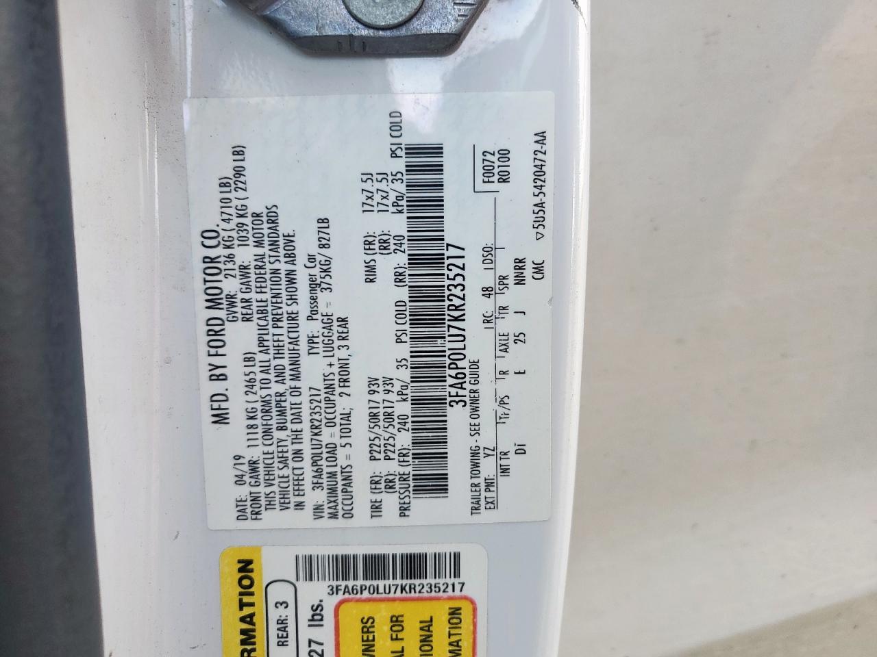 2019 Ford Fusion Se VIN: 3FA6P0LU7KR235217 Lot: 93661505