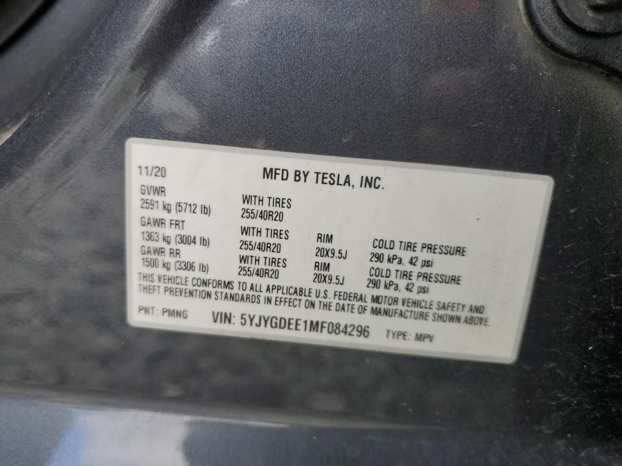 2021 Tesla Model Y VIN: 5YJYGDEE1MF084296 Lot: 91426045