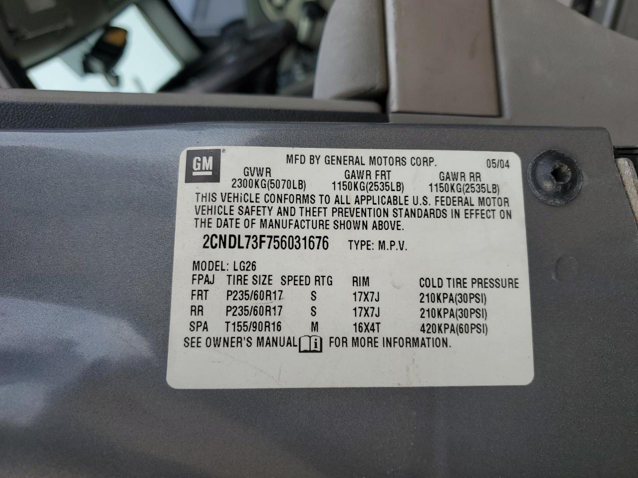 2005 Chevrolet Equinox Lt VIN: 2CNDL73F756031676 Lot: 92951035