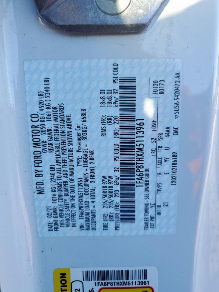 2021 Ford Mustang VIN: 1FA6P8THXM5113961 Lot: 91117875