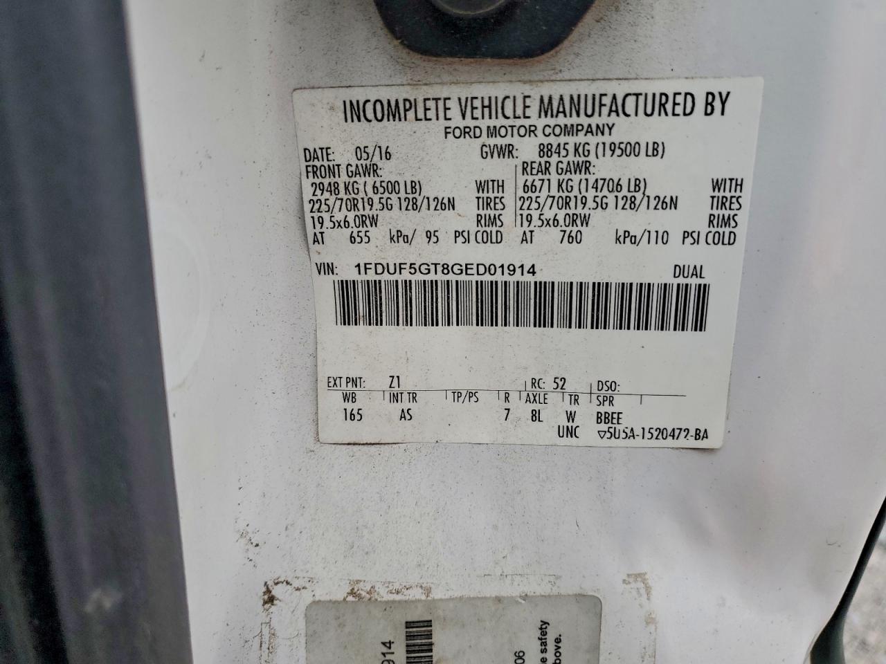 2016 Ford F550 Super Duty VIN: 1FDUF5GT8GED01914 Lot: 93655055