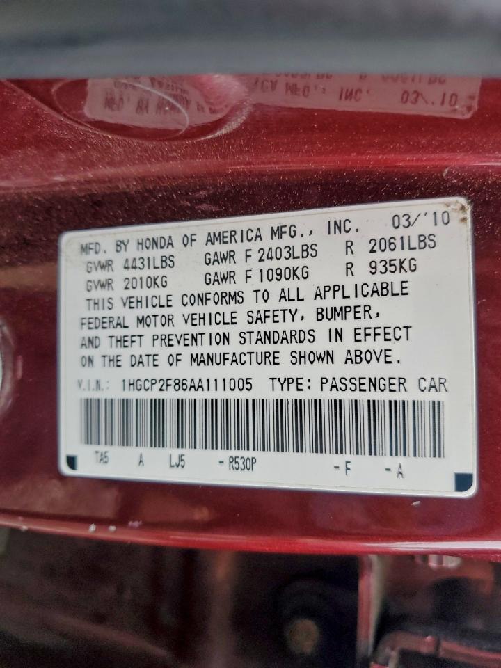 2010 Honda Accord Exl VIN: 1HGCP2F86AA111005 Lot: 93302645