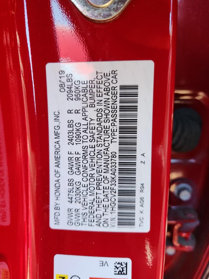 2019 Honda Accord Sport VIN: 1HGCV2F33KA033780 Lot: 92790725